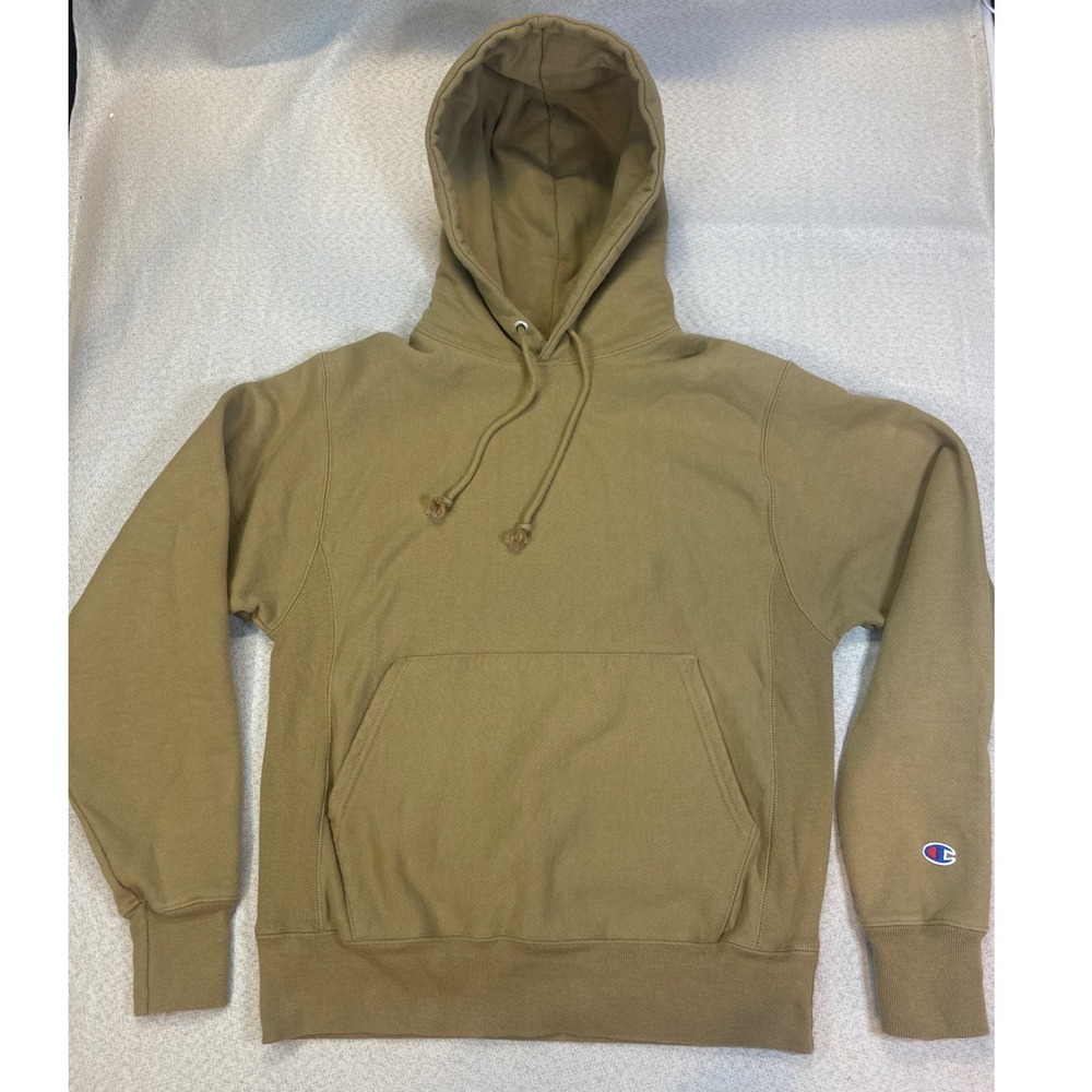 Champion Reverse Weave Hoodie Mens Small Tan Cotton Heavyweight Logo Classic